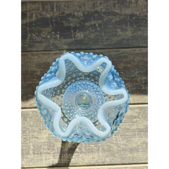 EUC Duncan Miller Blue Opalescent Glass Footed Hobnail Vase Ruffle Crimped - Picture 9 of 16
